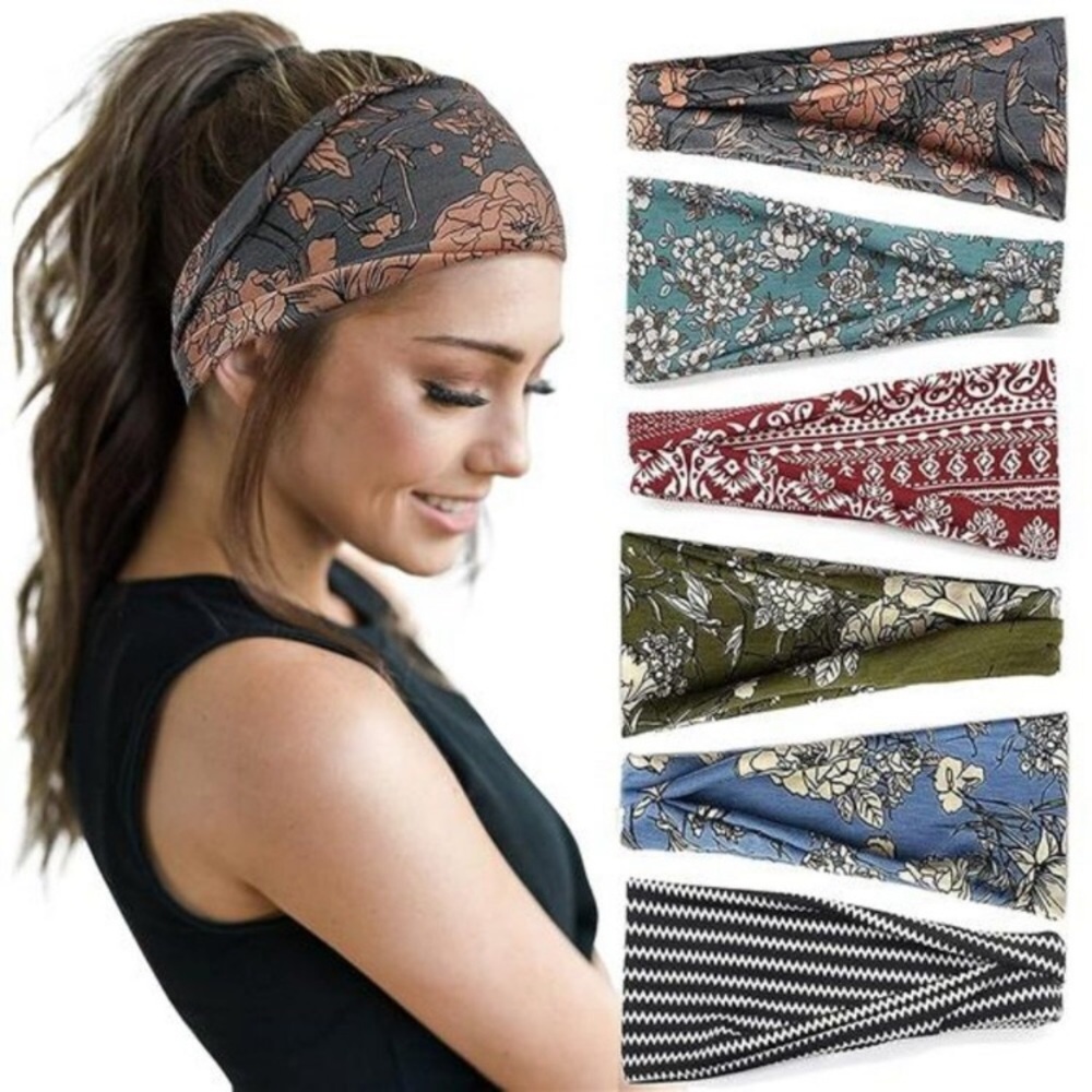 (6Pc) Women's Headbands Wide Boho Floral Stripes Yoga Sports Athletic Hair Bands